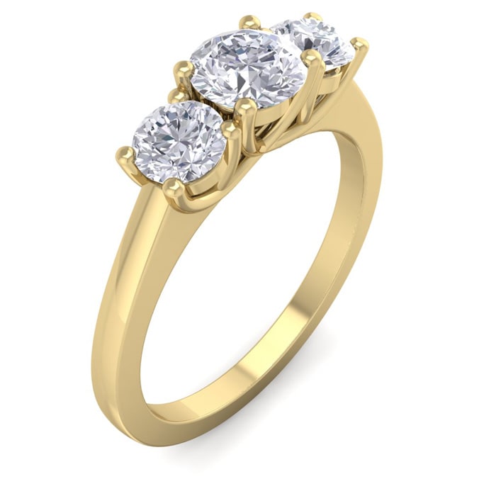 Moissanite Engagement Ring; 1 Carat Moissanite Three Stone Ring In 14 Karat Yellow Gold