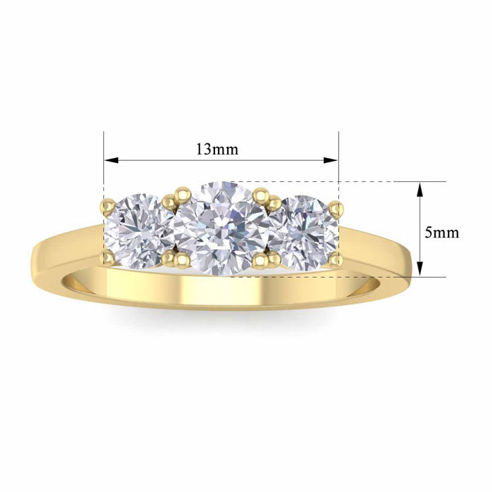 Moissanite Engagement Ring; 1 Carat Moissanite Three Stone Ring In 14 Karat Yellow Gold