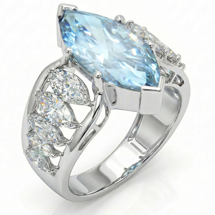 Estate Jewelry 6.27 Carat Blue and White Lab Grown Diamond Marquise Statement Ring In 14K White Gold, Size 7