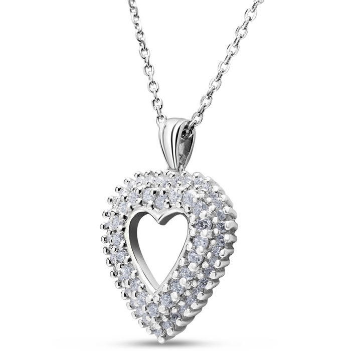 Estate Jewelry 3/8 Carat Real Diamond Heart Necklace In Sterling Silver, 18 Inches