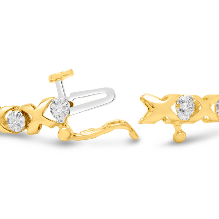 Estate Jewelry 1/5 Carat Natural Diamond Hugs & Kisses Tennis Bracelet In 10 Karat Yellow Gold, 7 Inches