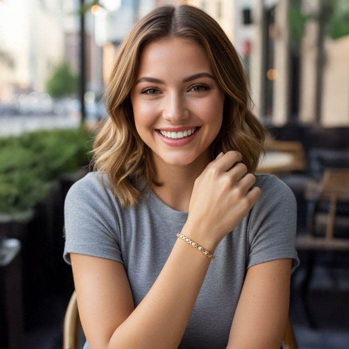 Estate Jewelry 1/5 Carat Natural Diamond Hugs & Kisses Tennis Bracelet In 10 Karat Yellow Gold, 7 Inches