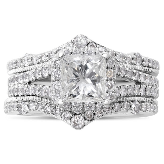 Estate Jewelry 2 Carat Princess And Round Natural Diamond Bridal Set In 14 White Gold, Size 6