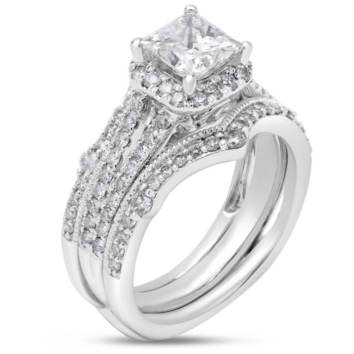 Estate Jewelry 2 Carat Princess And Round Natural Diamond Bridal Set In 14 White Gold, Size 6