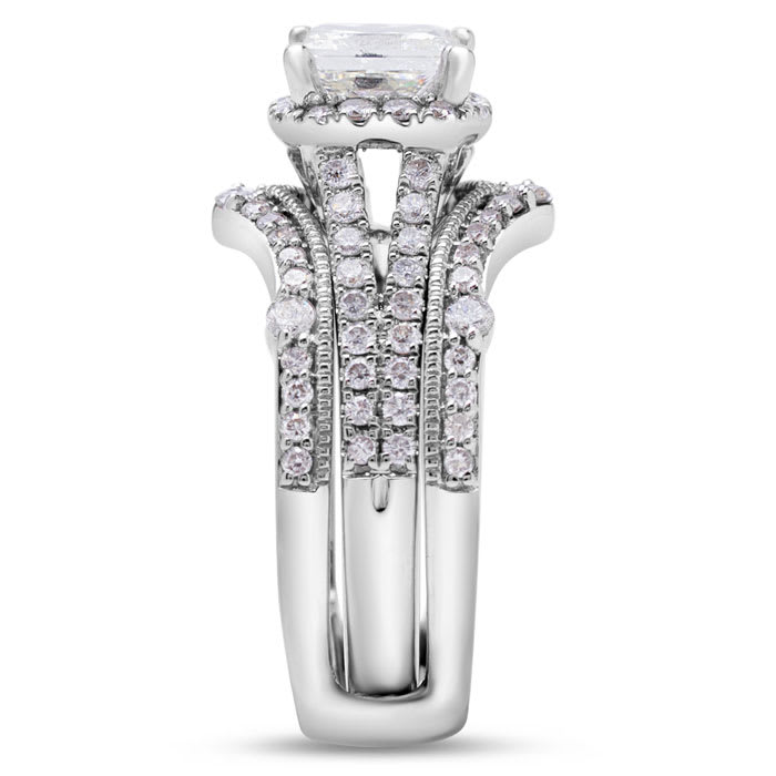 Estate Jewelry 2 Carat Princess And Round Natural Diamond Bridal Set In 14 White Gold, Size 6