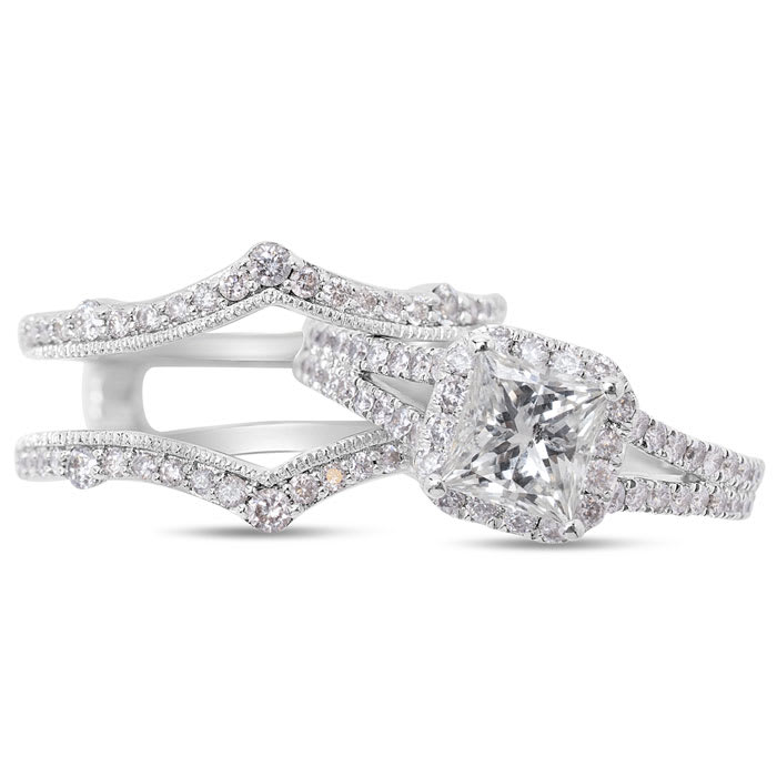 Estate Jewelry 2 Carat Princess And Round Natural Diamond Bridal Set In 14 White Gold, Size 6