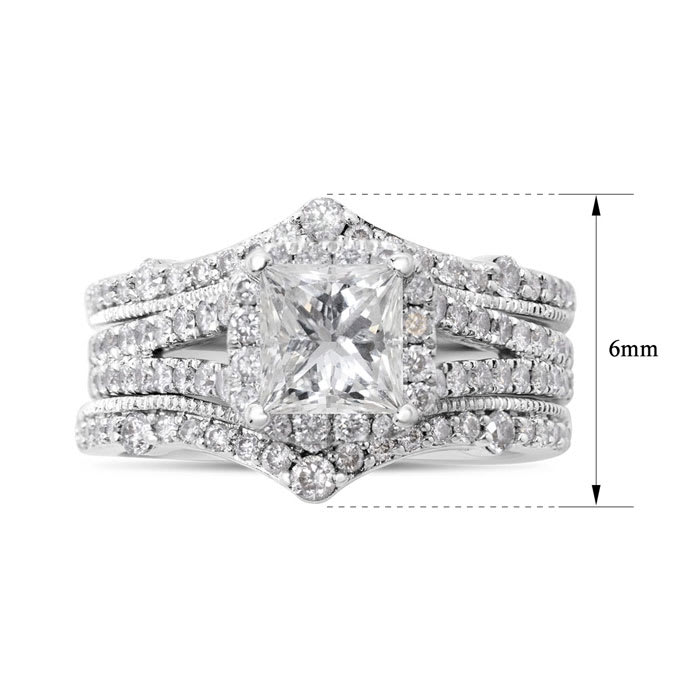 Estate Jewelry 2 Carat Princess And Round Natural Diamond Bridal Set In 14 White Gold, Size 6