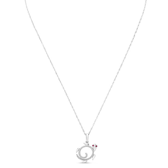 Estate Jewelry 1/10 Carat Diamond and Ruby Turtle Necklace In 14K White Gold, 18 Inches