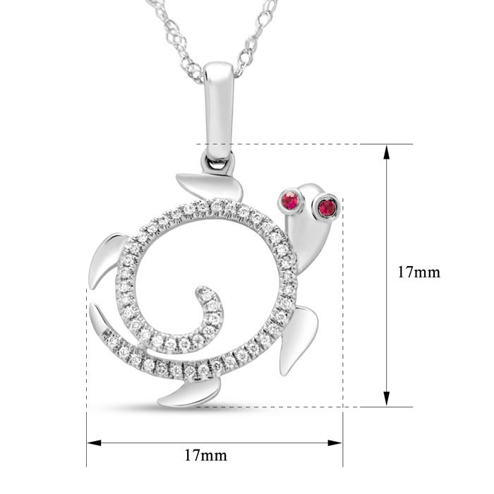 Estate Jewelry 1/10 Carat Diamond and Ruby Turtle Necklace In 14K White Gold, 18 Inches