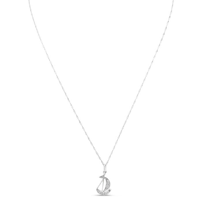 Estate Jewelry 1/10 Carat Diamond Sailboat Necklace In 14K White Gold, 18 Inches