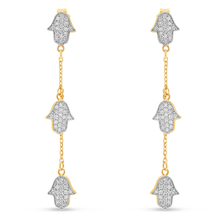 Estate Jewelry 1/2 Carat Diamond Hamsa Drop Earrings In 14K Yellow Gold, 1 3/4 Inches