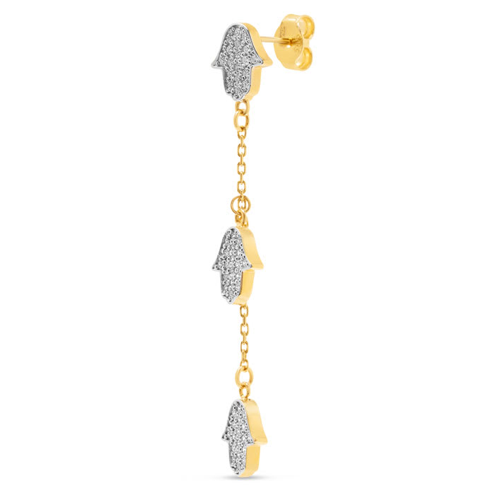 Estate Jewelry 1/2 Carat Diamond Hamsa Drop Earrings In 14K Yellow Gold, 1 3/4 Inches