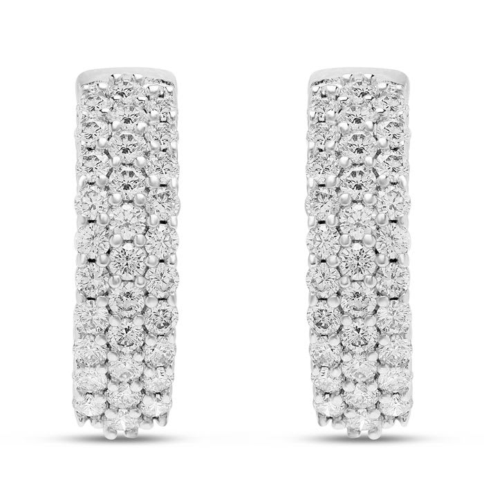 Estate Jewelry 2 Carat Triple Row Diamond Hoop Earrings In 14K White Gold, 1/2 Inch