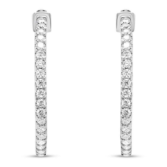 Estate Jewelry 1 Carat Diamond Hoop Earrings In 14K White Gold, 1 Inch