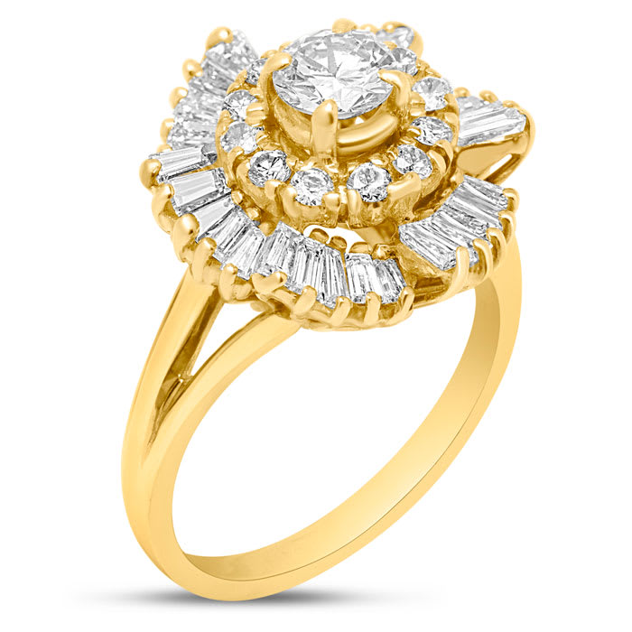 Estate Jewelry 1 3/4 Carat Round and Baguette Diamond Ballerina Ring In 14K Yellow Gold, Size 6.5