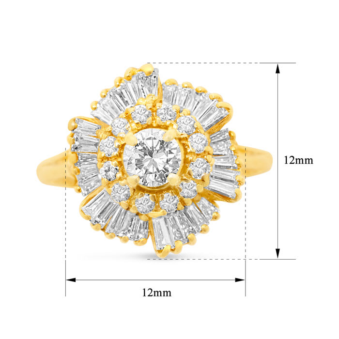 Estate Jewelry 1 3/4 Carat Round and Baguette Diamond Ballerina Ring In 14K Yellow Gold, Size 6.5