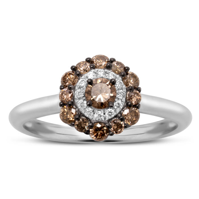 Estate Jewelry 1/2 Carat Chocolate Bar Colored Champagne Diamond Halo Ring In 14K White Gold, Size 6.5