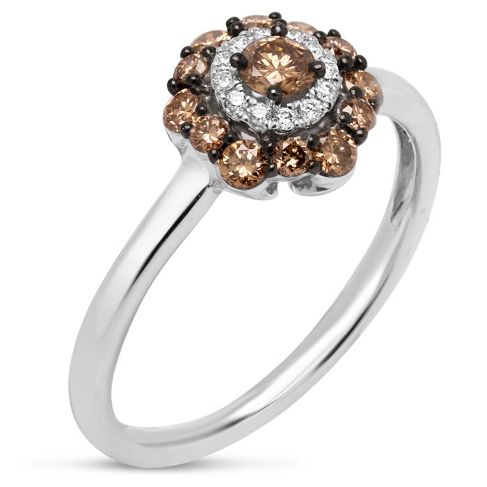 Estate Jewelry 1/2 Carat Chocolate Bar Colored Champagne Diamond Halo Ring In 14K White Gold, Size 6.5