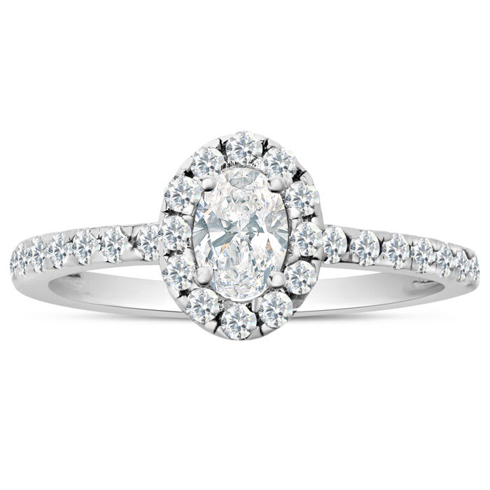 Estate Jewelry 3/4 Carat Oval Shape Halo Lab Grown Diamond Engagement Ring In 14K White Gold, Size 6