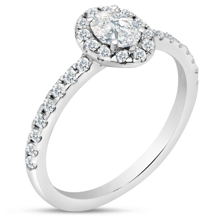 Estate Jewelry 3/4 Carat Oval Shape Halo Lab Grown Diamond Engagement Ring In 14K White Gold, Size 6