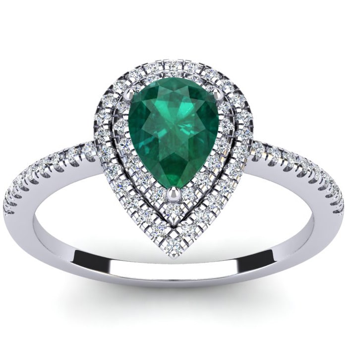 Estate Jewelry 1 Carat Pear Shape Created Emerald and Double Halo Diamond Ring In Sterling Silver, Size 5.5