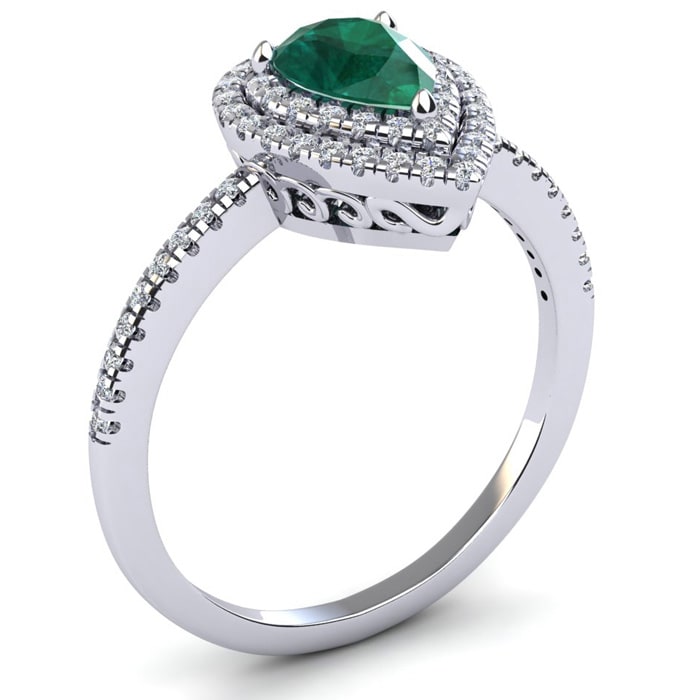 Estate Jewelry 1 Carat Pear Shape Created Emerald and Double Halo Diamond Ring In Sterling Silver, Size 5.5