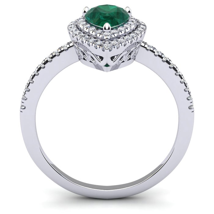 Estate Jewelry 1 Carat Pear Shape Created Emerald and Double Halo Diamond Ring In Sterling Silver, Size 5.5
