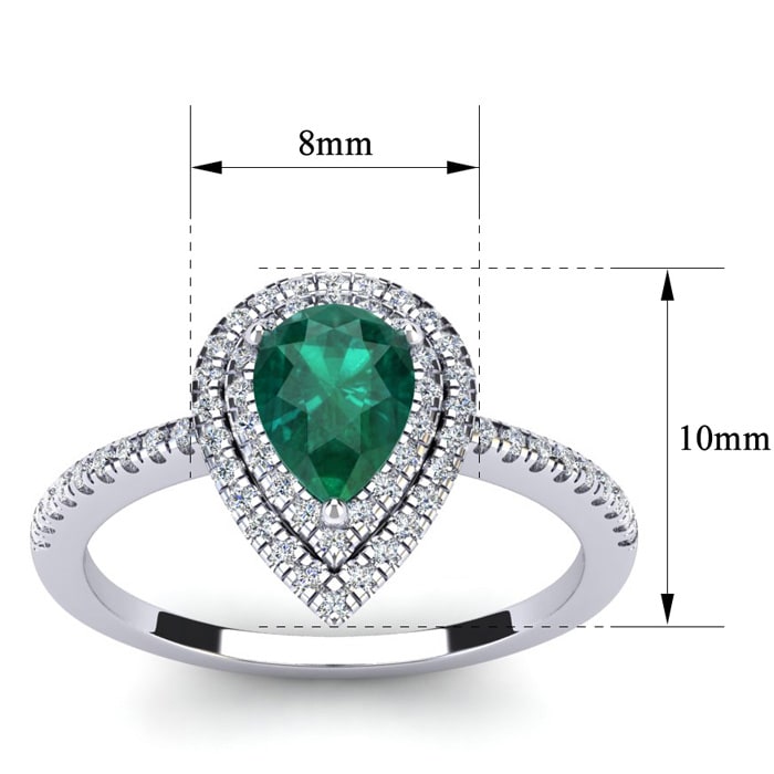 Estate Jewelry 1 Carat Pear Shape Created Emerald and Double Halo Diamond Ring In Sterling Silver, Size 5.5