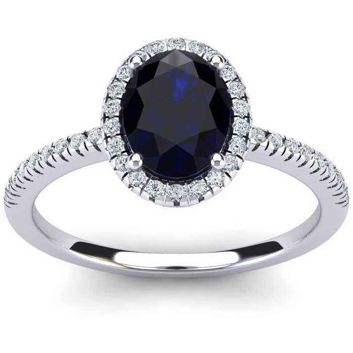 Estate Jewelry 1-1/2 Carat Oval Shape Created Sapphire and Halo Diamond Ring In Sterling Silver, Size 5