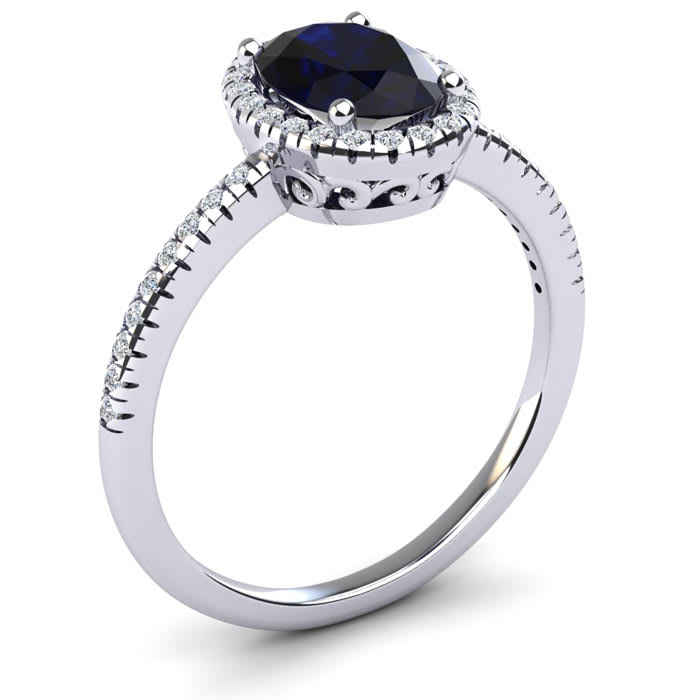 Estate Jewelry 1-1/2 Carat Oval Shape Created Sapphire and Halo Diamond Ring In Sterling Silver, Size 5