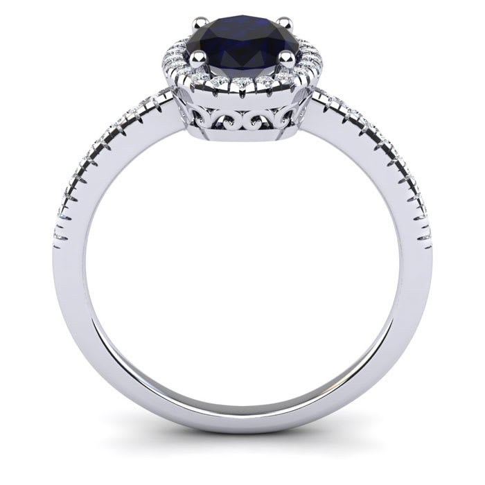 Estate Jewelry 1-1/2 Carat Oval Shape Created Sapphire and Halo Diamond Ring In Sterling Silver, Size 5