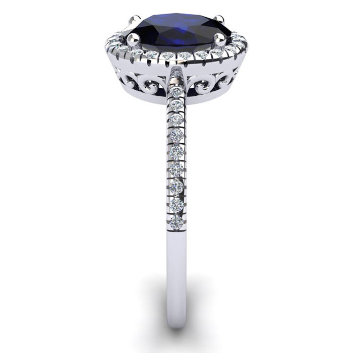 Estate Jewelry 1-1/2 Carat Oval Shape Created Sapphire and Halo Diamond Ring In Sterling Silver, Size 5
