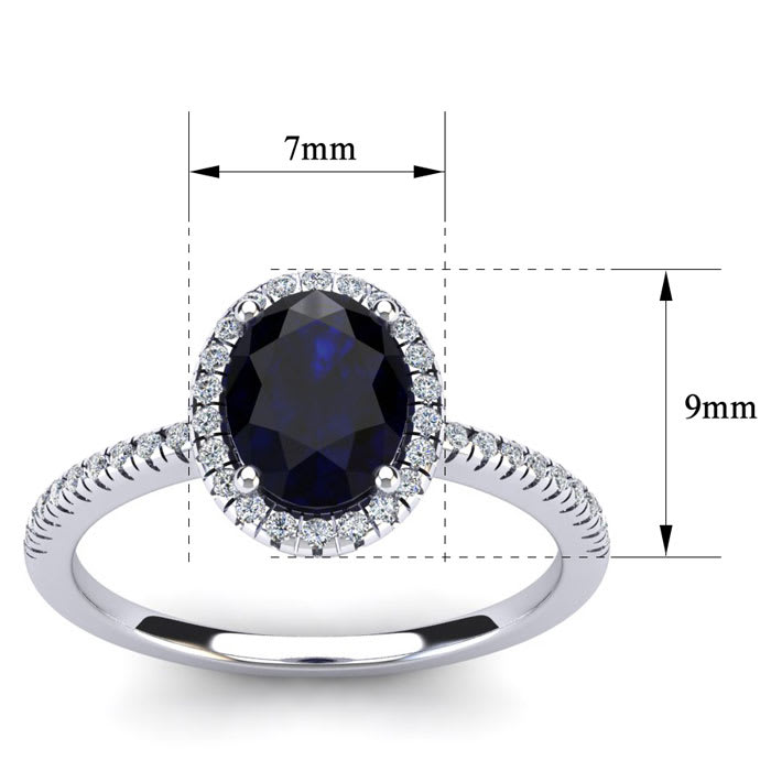 Estate Jewelry 1-1/2 Carat Oval Shape Created Sapphire and Halo Diamond Ring In Sterling Silver, Size 5