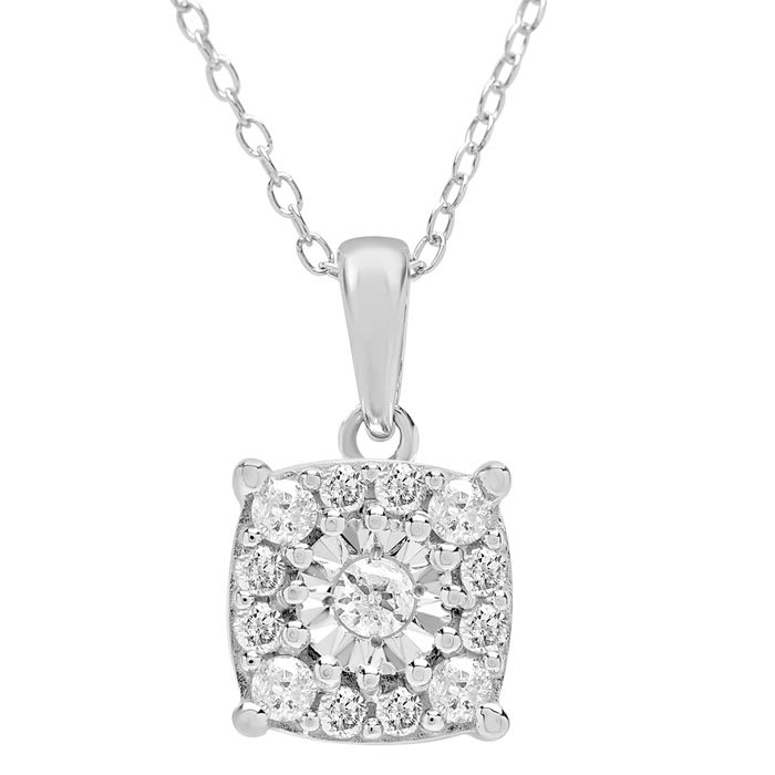 1/3 Carat Natural Diamond Cushion Shape Cluster Necklace In Sterling Silver