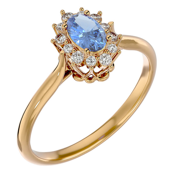 2/3 Carat Oval Shape Tanzanite and Halo Diamond Ring In 14 Karat Yellow Gold