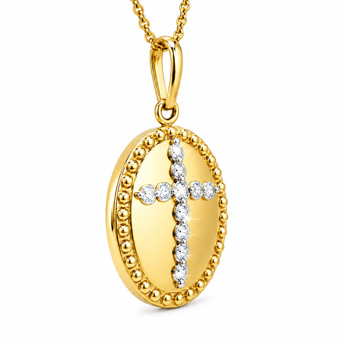 1/10 Carat Lab Grown Diamond Cross Medallion Necklace In 14K Yellow Gold Over Sterling Silver