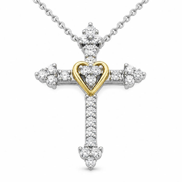 1/4 Carat Lab Grown Diamond Cross and Heart Necklace In Sterling Silver