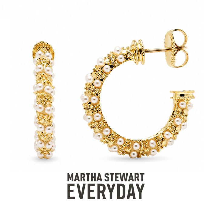 Martha Stewart Everyday Pearl and Crystal Hoop Earrings In Gold