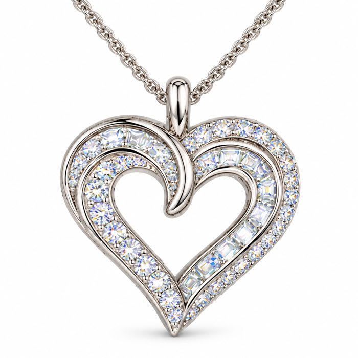 1.12 Carat Round and Baguette Diamond Heart Necklace In Sterling Silver, 18 Inches