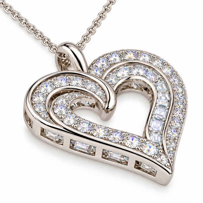 1.12 Carat Round and Baguette Diamond Heart Necklace In Sterling Silver, 18 Inches