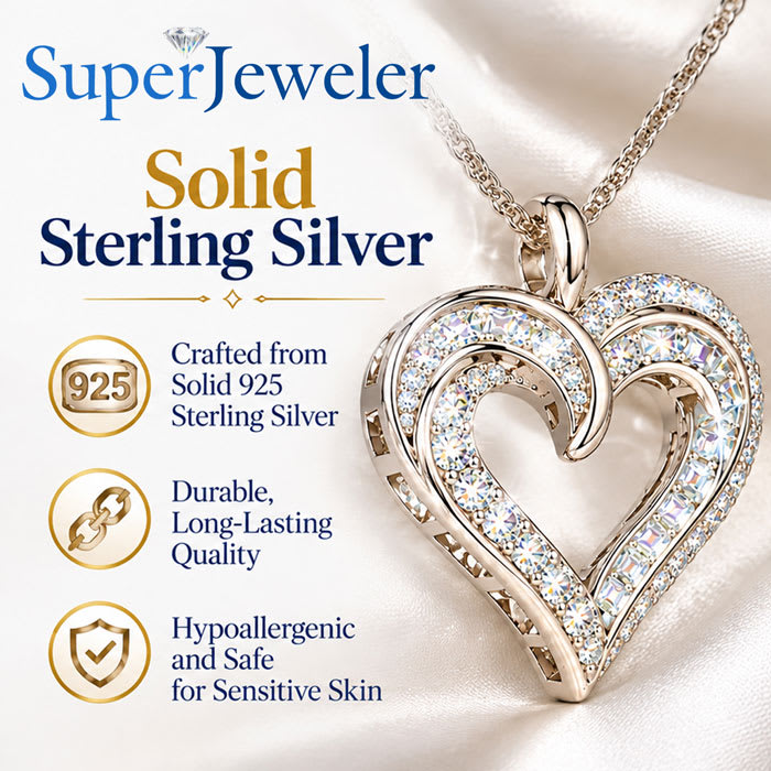 1.12 Carat Round and Baguette Diamond Heart Necklace In Sterling Silver, 18 Inches