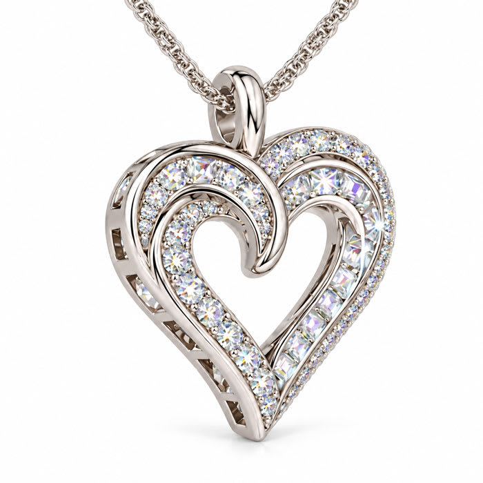 1.12 Carat Round and Baguette Diamond Heart Necklace In Sterling Silver, 18 Inches