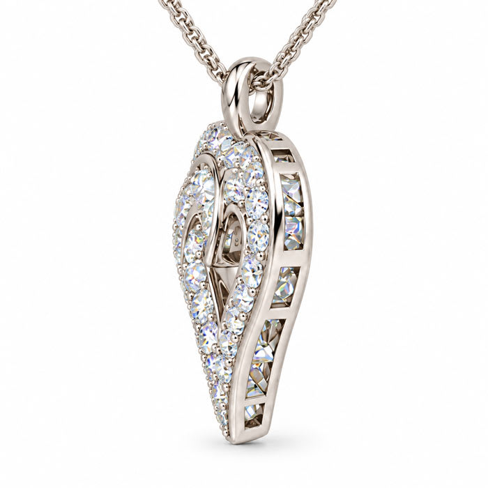 1.12 Carat Round and Baguette Diamond Heart Necklace In Sterling Silver, 18 Inches