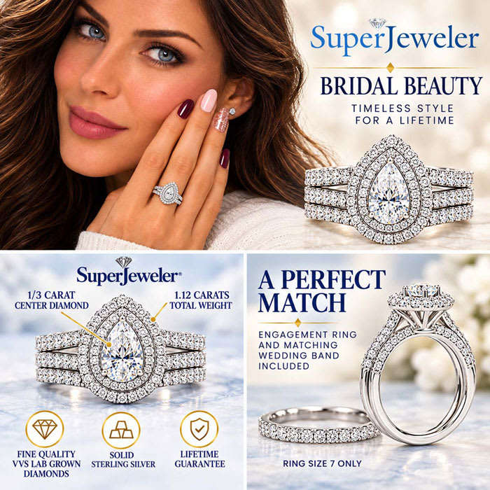 1 Carat Pear Shape Lab Grown Diamond Halo Bridal Set In Sterling Silver