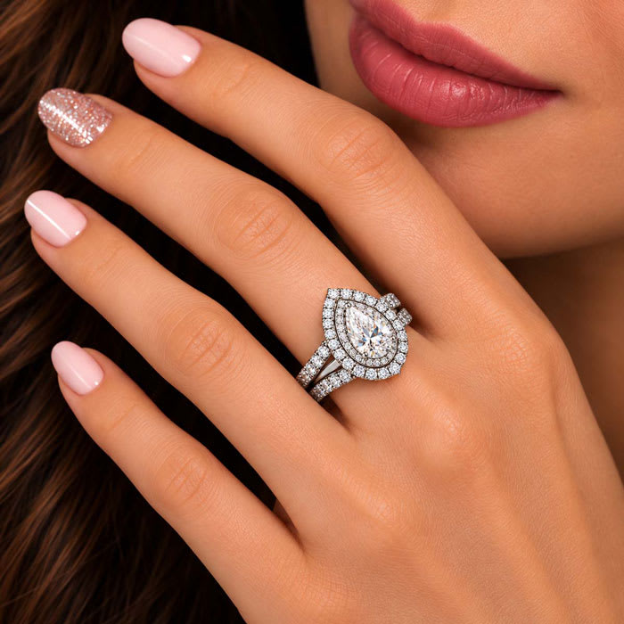 1 Carat Pear Shape Lab Grown Diamond Halo Bridal Set In Sterling Silver