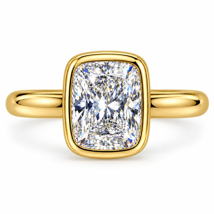Estate Jewelry 3.04 Carat Cushion Cut Lab Grown Diamond Bezel Set Ring In 14K Yellow Gold