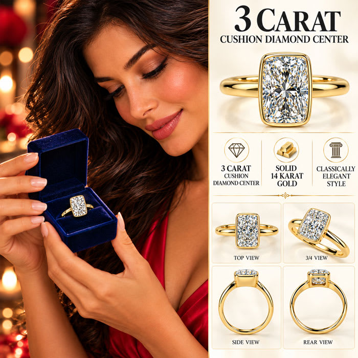 Estate Jewelry 3.04 Carat Cushion Cut Lab Grown Diamond Bezel Set Ring In 14K Yellow Gold