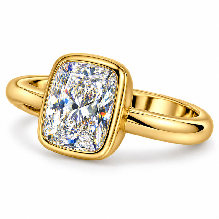 Estate Jewelry 3.04 Carat Cushion Cut Lab Grown Diamond Bezel Set Ring In 14K Yellow Gold