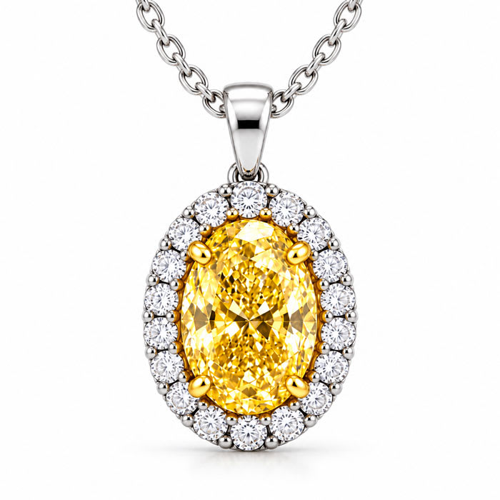 Estate Jewelry 1.80 Carat Lab Grown Canary Yellow Diamond Halo Necklace In 14K White Gold