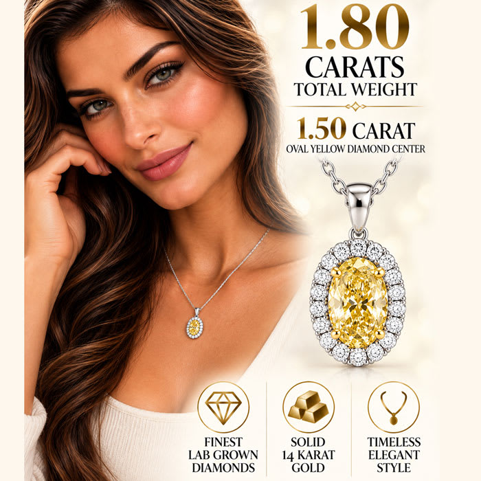 Estate Jewelry 1.80 Carat Lab Grown Canary Yellow Diamond Halo Necklace In 14K White Gold